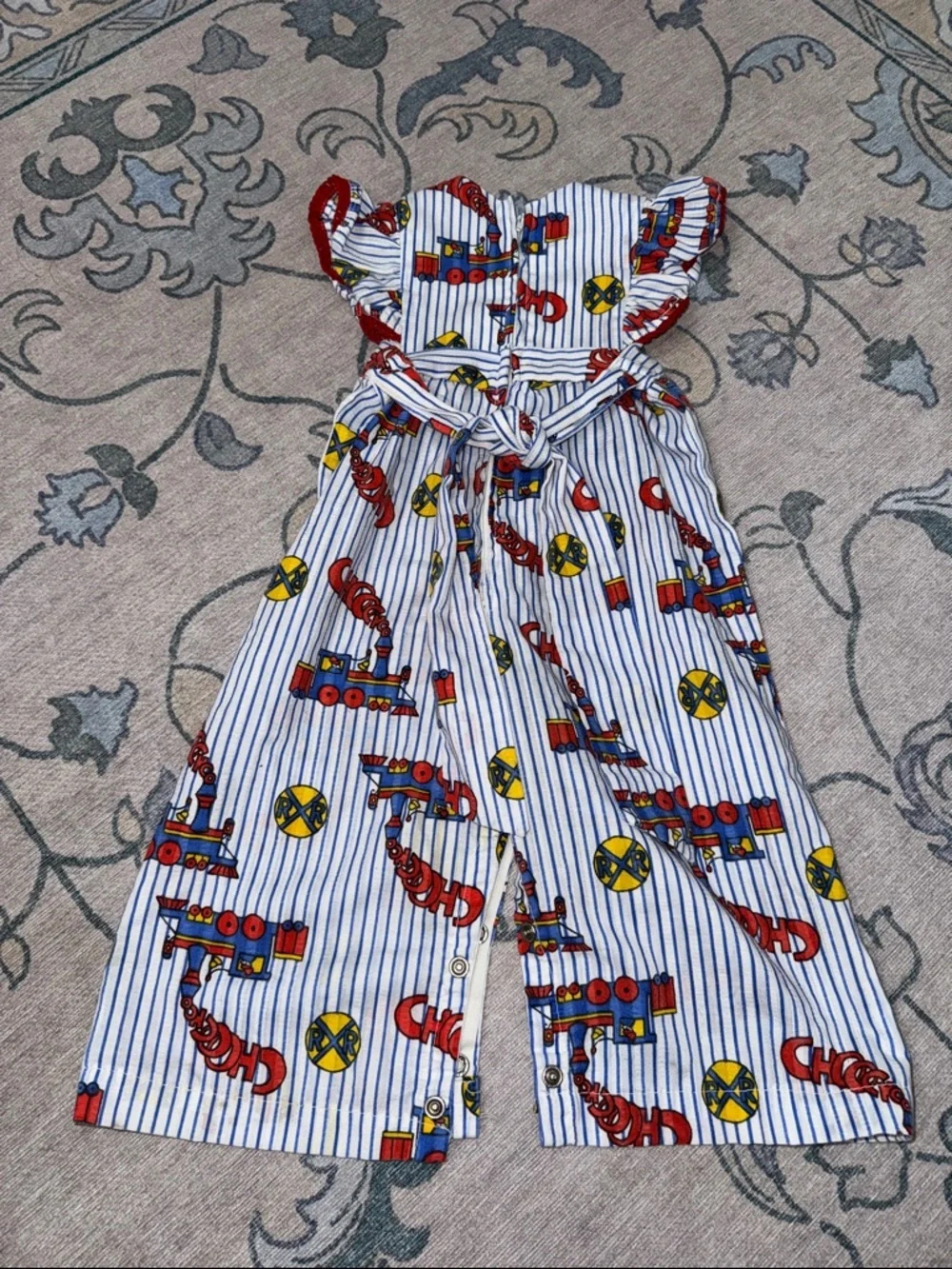 Kids Striped Cotton Romper Red Train Print Handmade Vintage